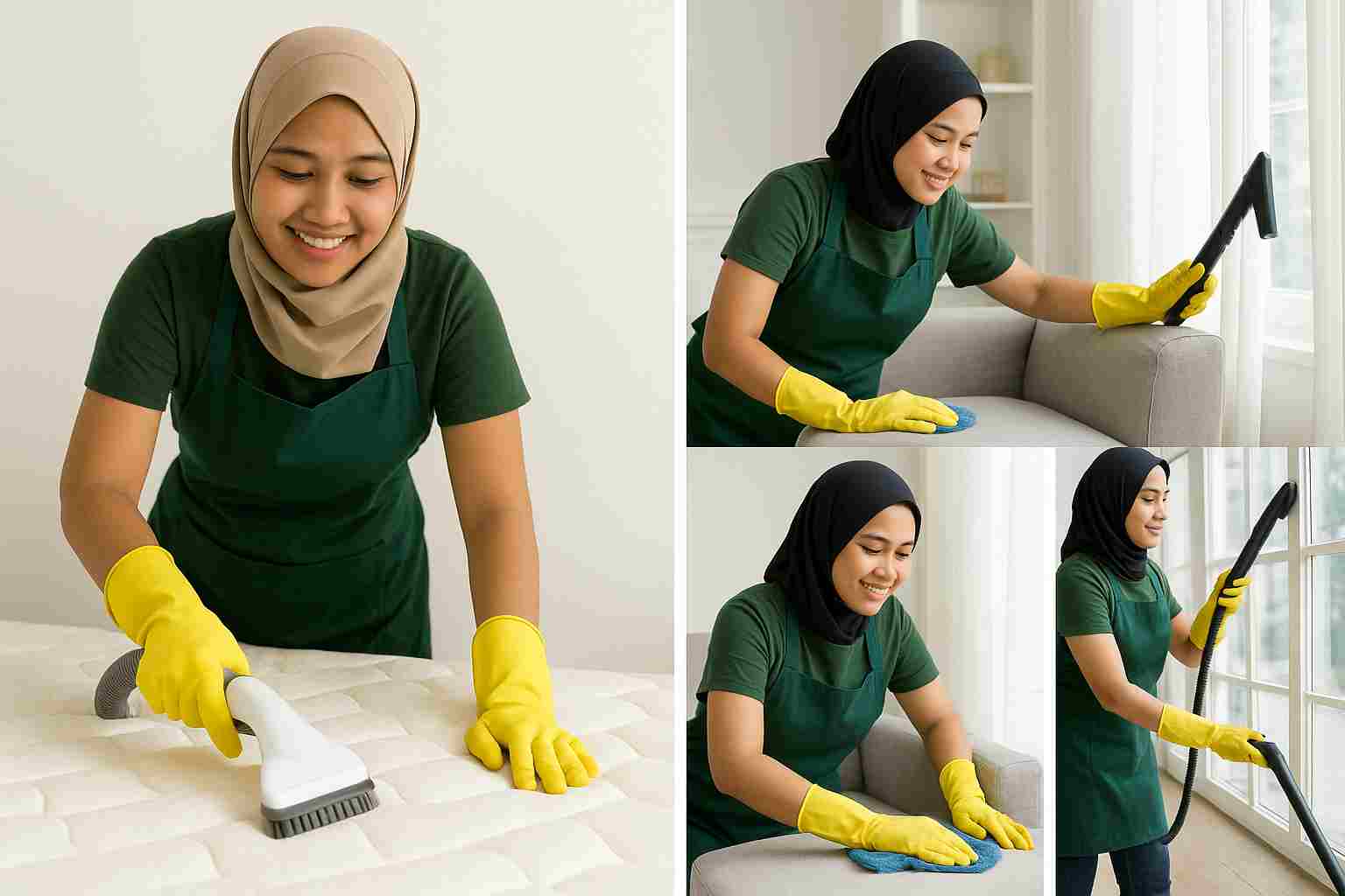 Malay female cleaners performing mattress, sofa, curtain, and carpet cleaning tasks in a tidy home environment.