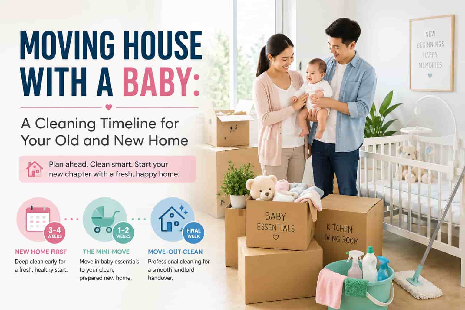 Young family moving into a new home with a baby, moving boxes, nursery furniture, and cleaning supplies during a house relocation in Singapore.