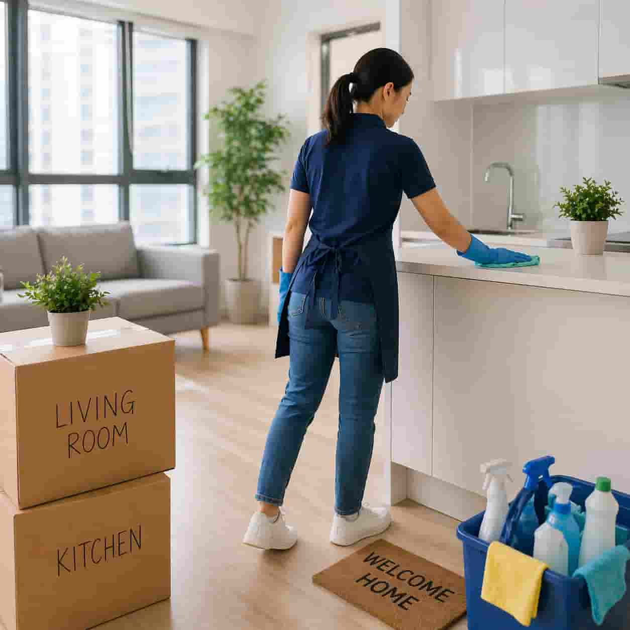 Professional cleaner preparing a new home kitchen during move in cleaning service