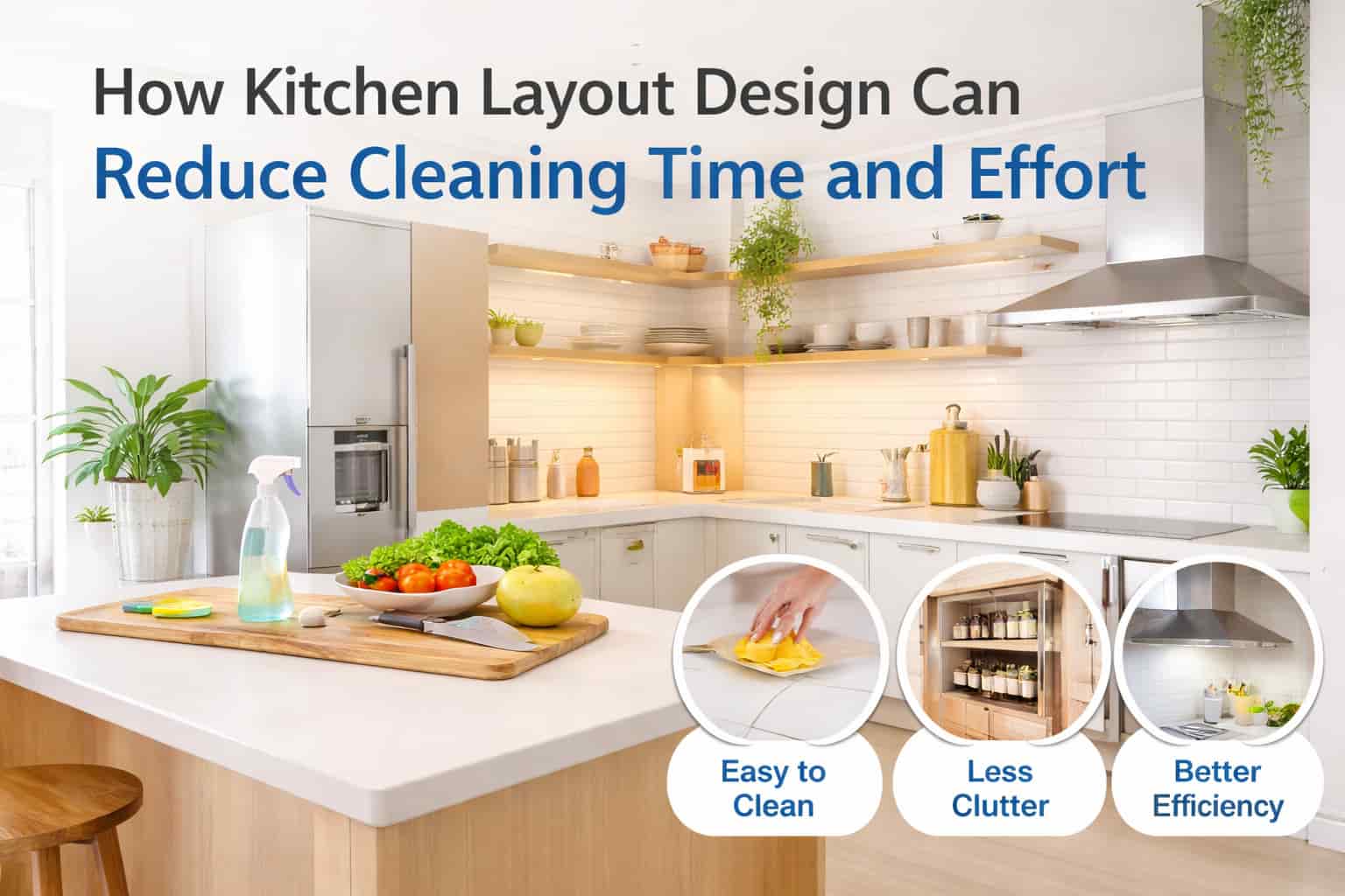 Modern kitchen layout design showing efficient cleaning setup with clean surfaces and organised storage