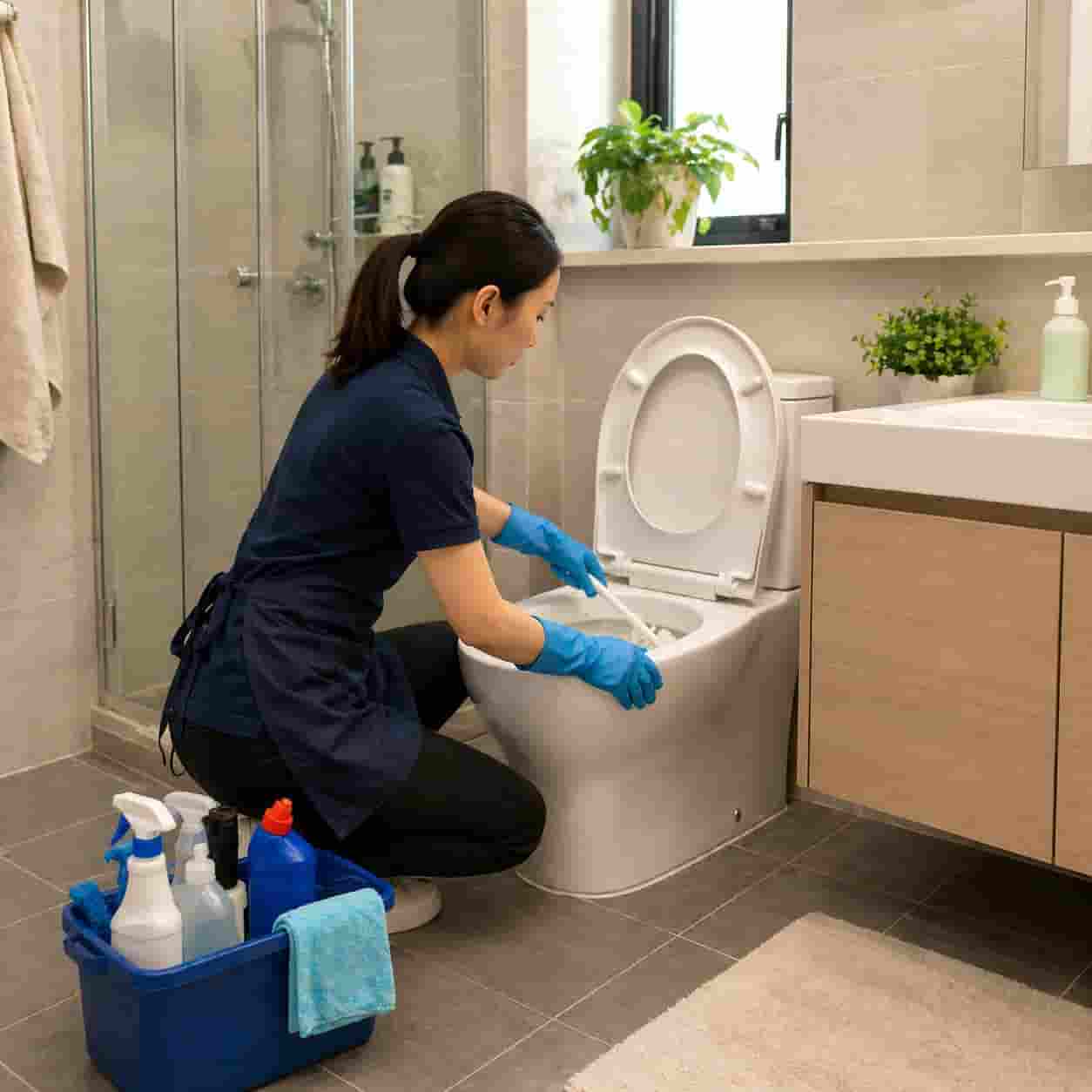 Cleaner scrubbing toilet in a modern bathroom during weekly cleaning service