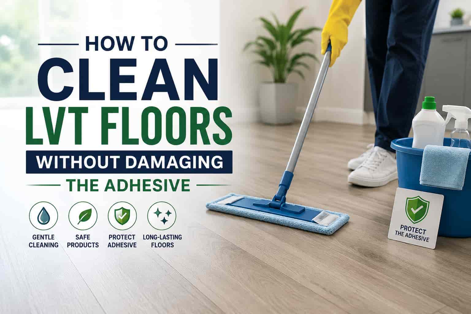 Person cleaning light wood-look LVT flooring with a microfiber mop, bucket, and gentle cleaning supplies in a bright modern interior, with a focus on protecting the floor adhesive.