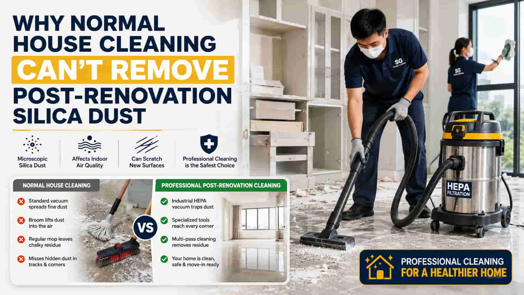 Why normal house cleaning cannot remove post-renovation silica dust from a newly renovated home in Singapore