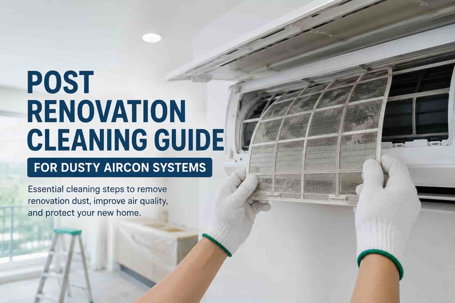 Dusty aircon filter being cleaned during post renovation cleaning in a newly renovated Singapore home.