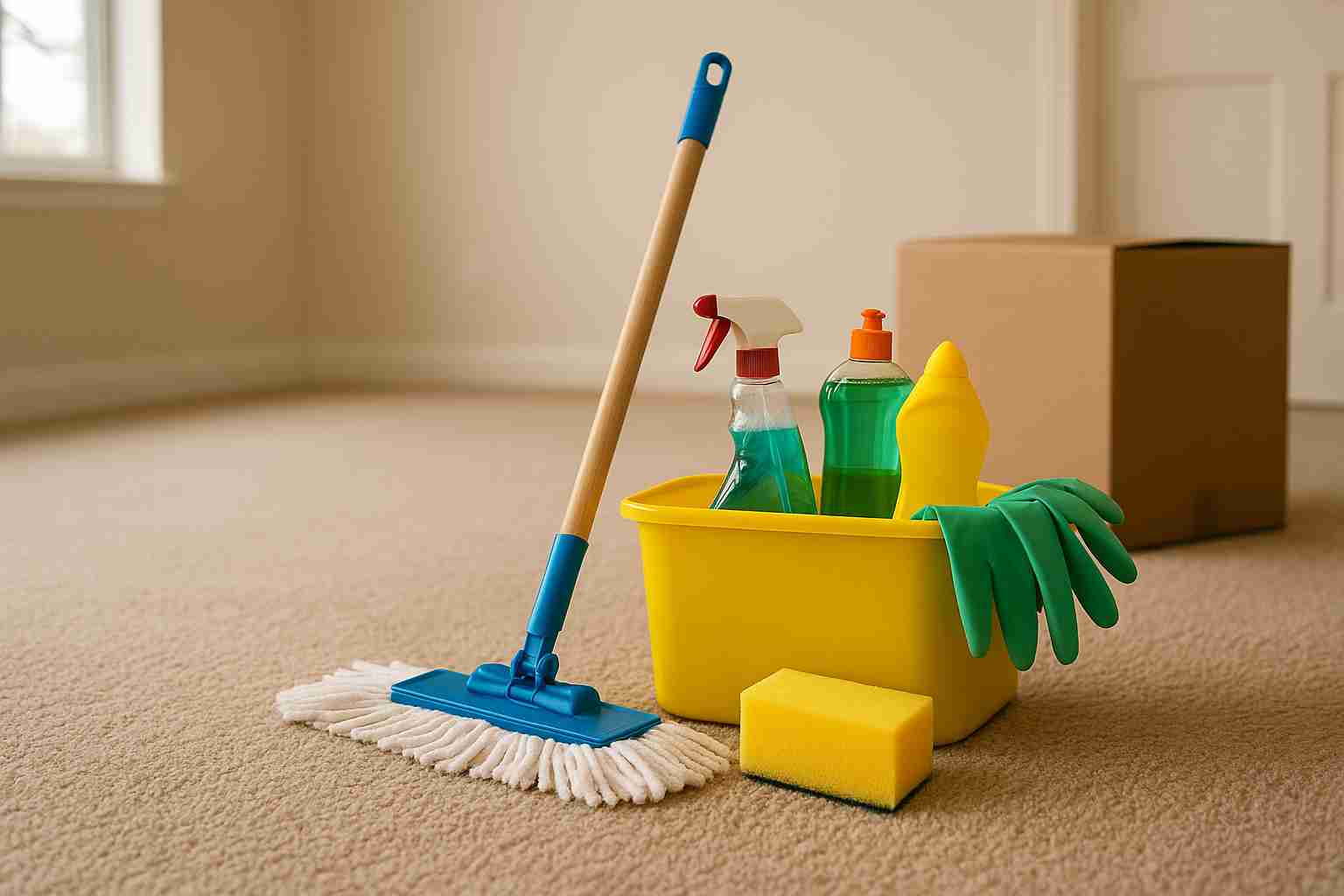 What to clean before moving out Singapore – cleaning kit on beige carpet with cardboard box