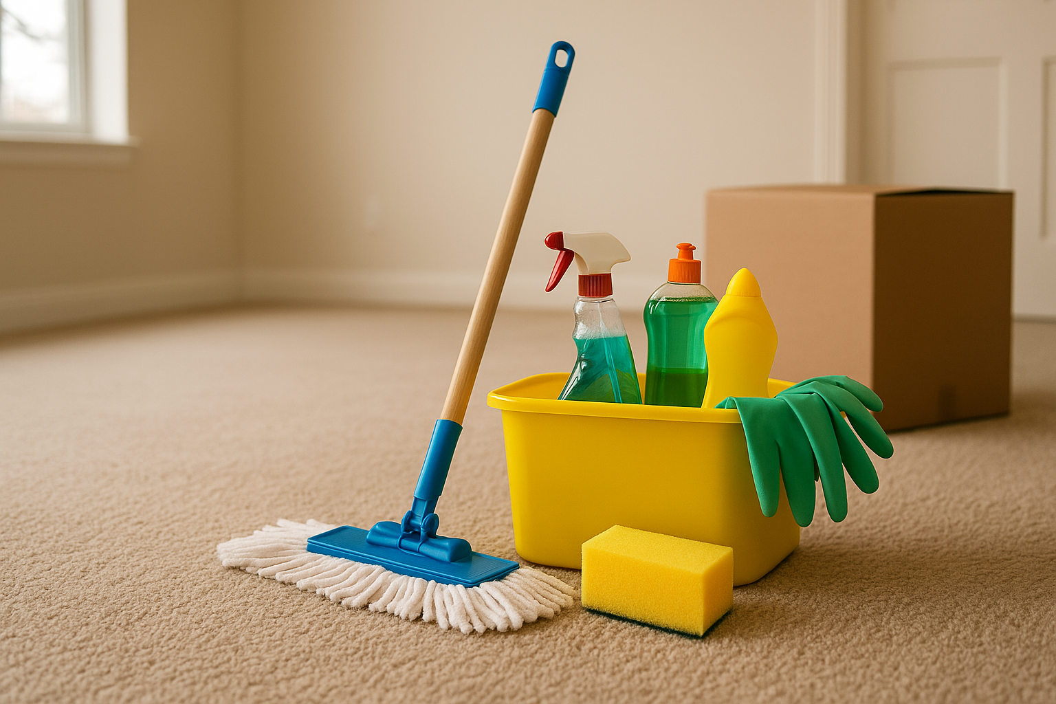 What to clean before moving out Singapore – cleaning kit on beige carpet with cardboard box