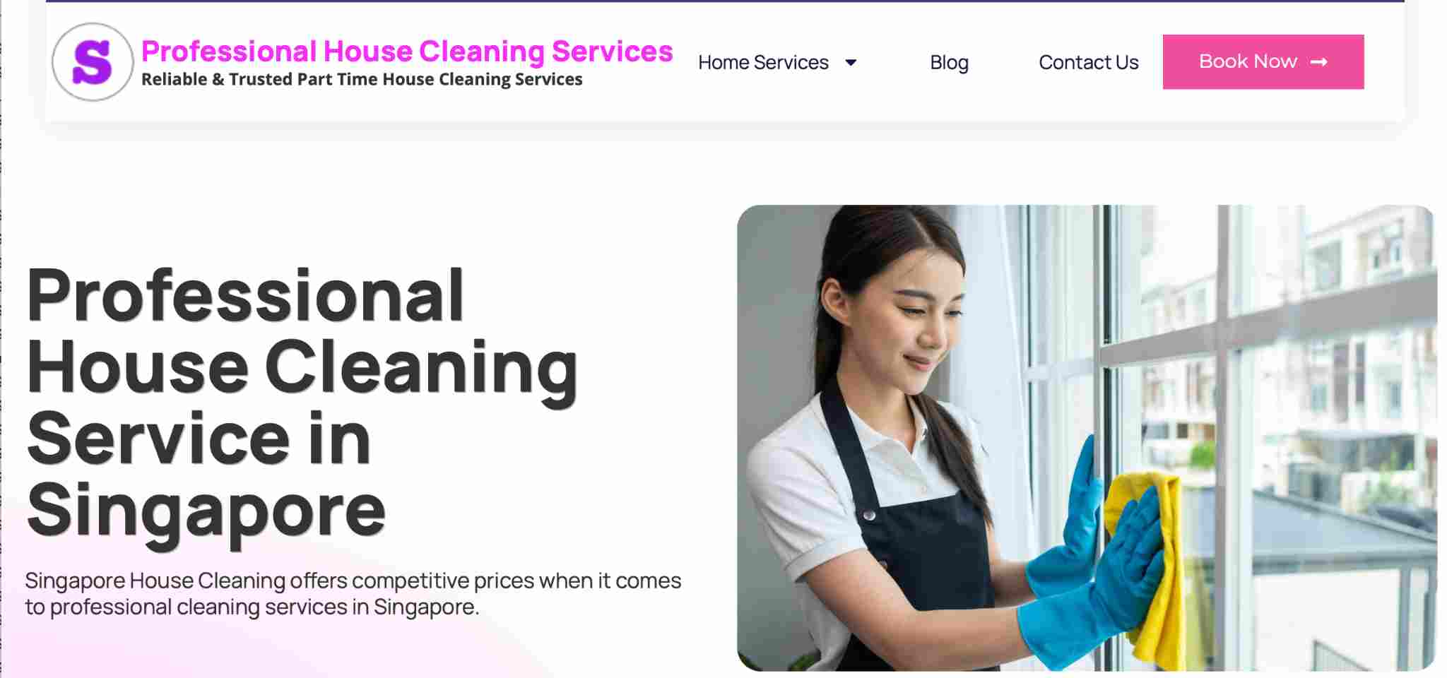 Professional cleaner from Singapore House Cleaning wiping window glass with yellow cloth in Singapore home