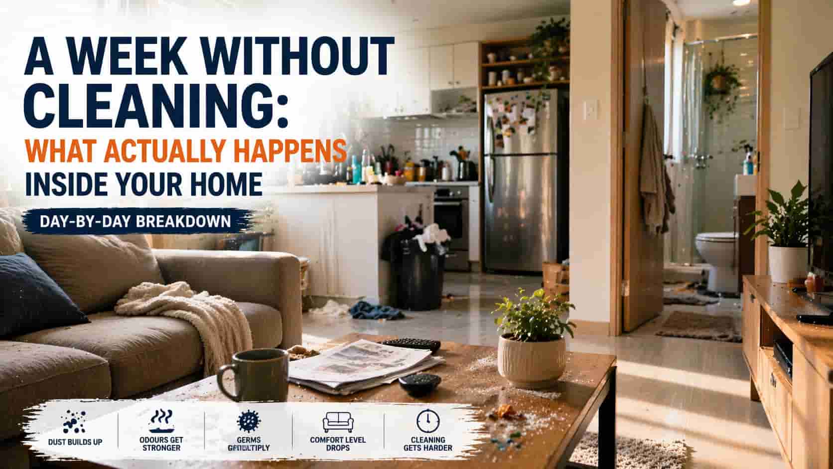 home interior showing dust buildup and clutter after a week without cleaning