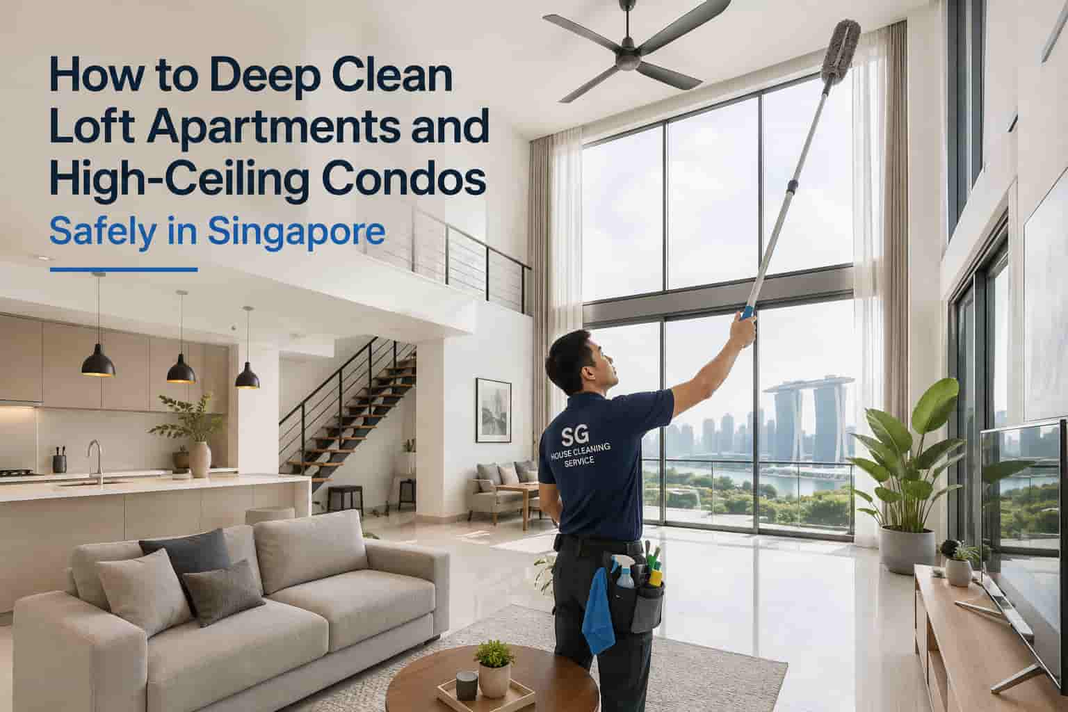 Professional cleaner using a telescopic duster in a high-ceiling loft apartment in Singapore