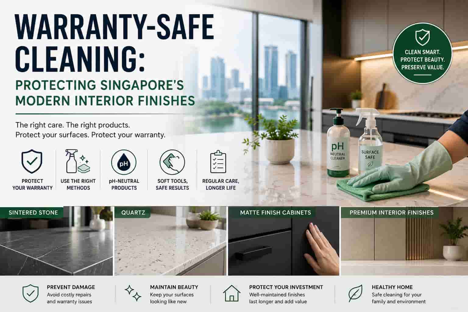 Professional cleaner using pH-neutral products on a premium quartz countertop in a modern Singapore kitchen with sintered stone and matte cabinetry finishes.