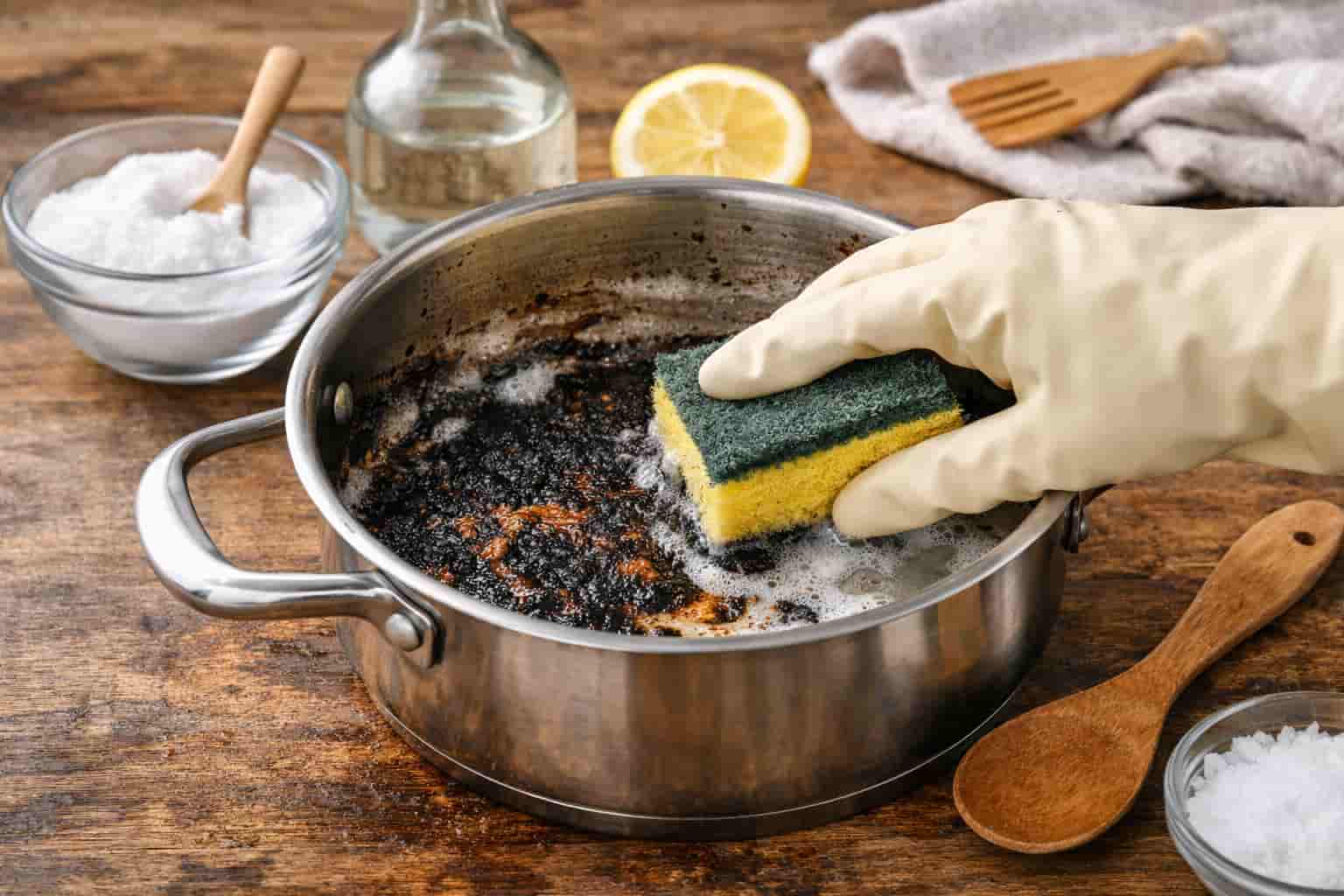 clean burnt pot using baking soda and sponge cleaning method