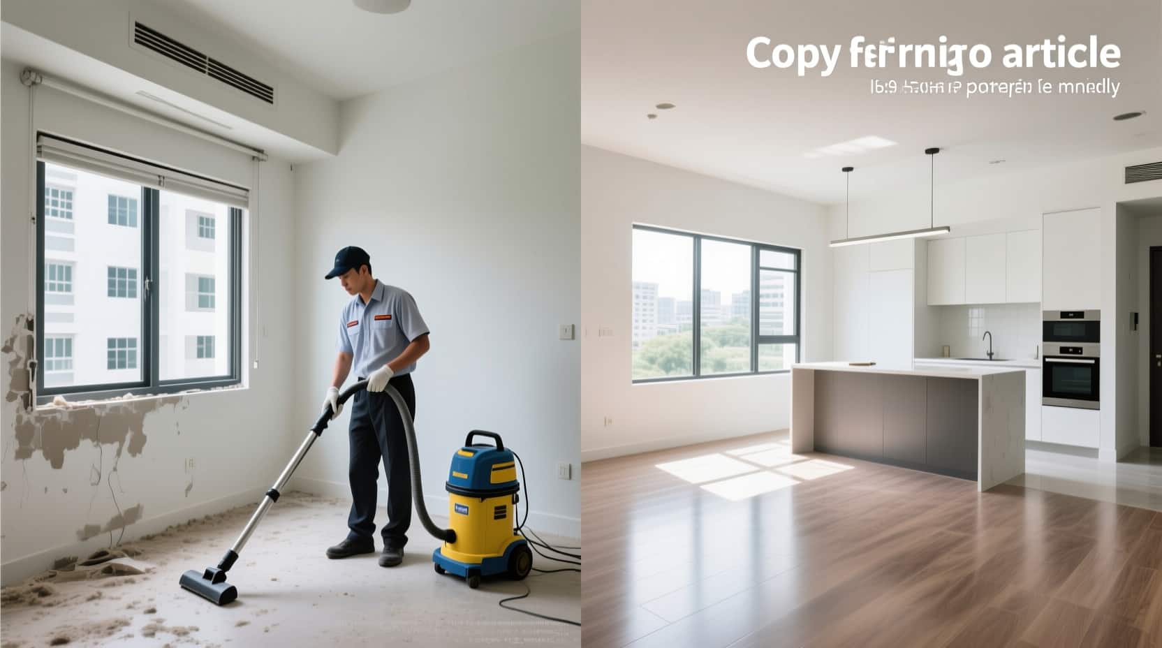 Clean modern living room after post-renovation cleaning in a Singapore HDB/condo. Text: 
