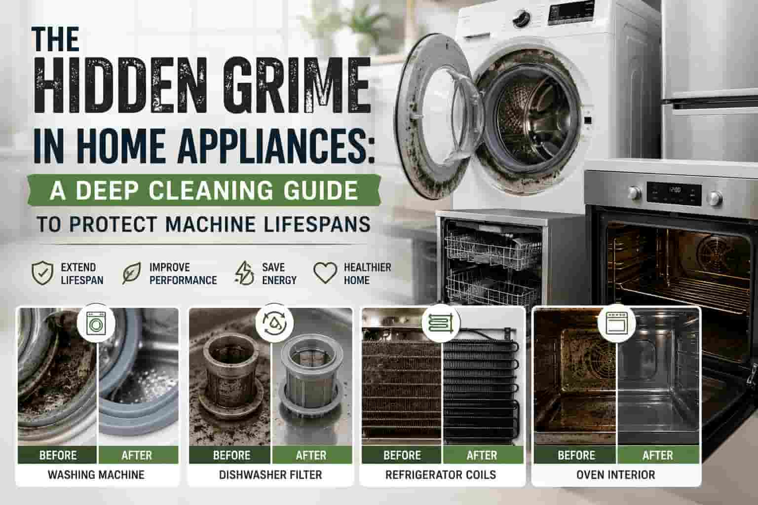 Deep cleaning guide for home appliances showing hidden grime inside washing machine, dishwasher, refrigerator coils, and oven