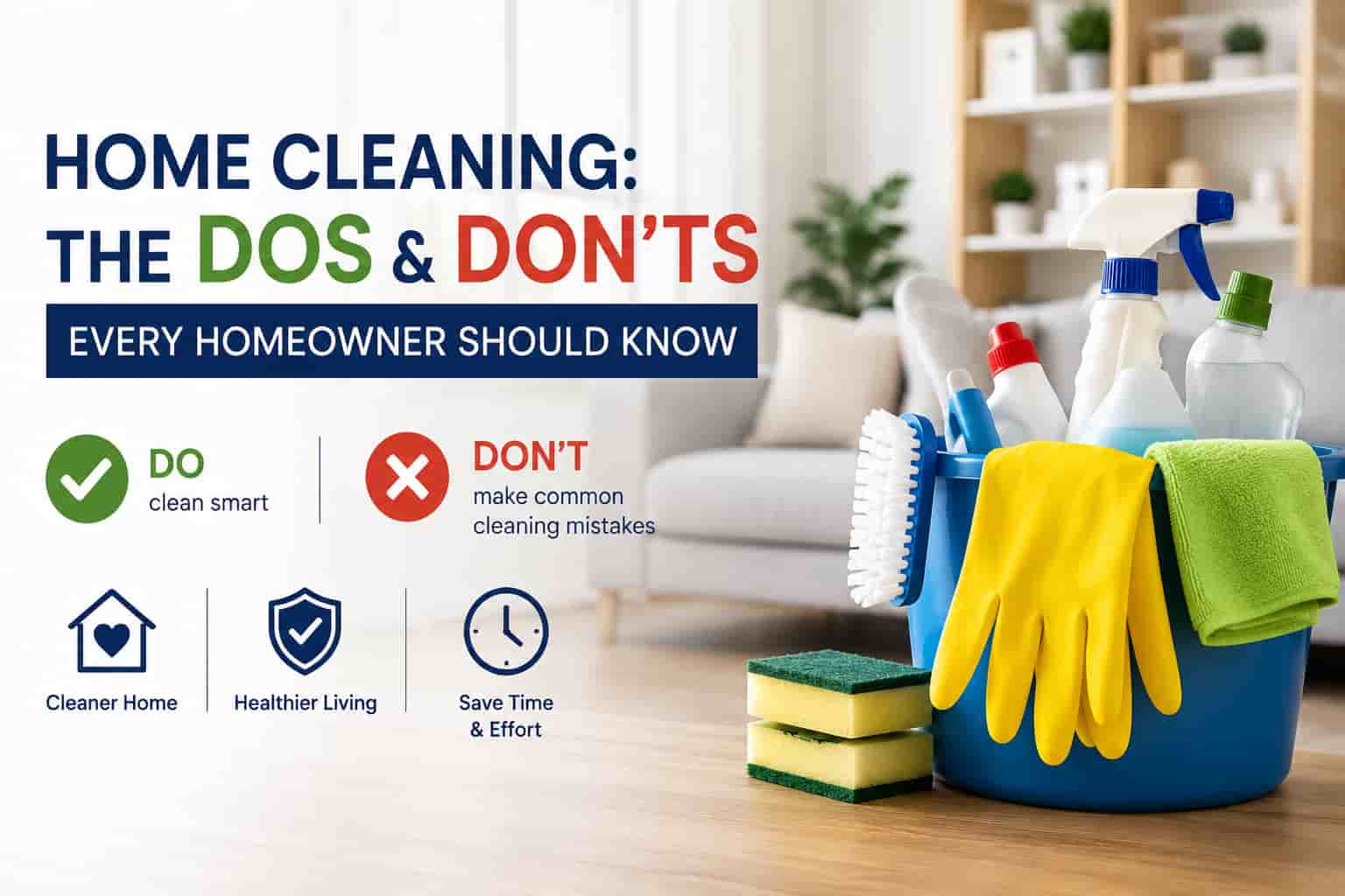 Professional home cleaning supplies and clean living room illustrating the dos and don'ts of home cleaning in Singapore.