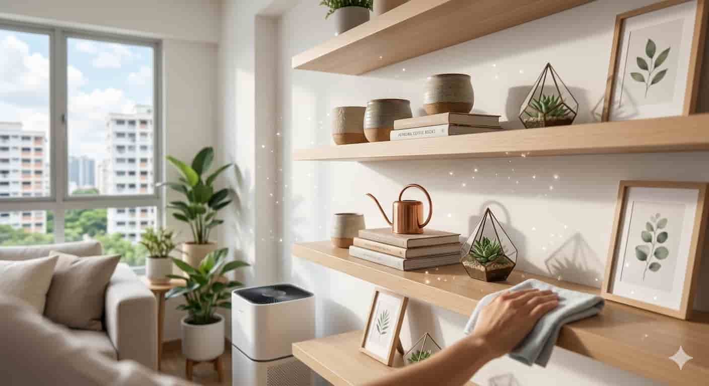 Modern Singapore home with open wooden shelves being cleaned to prevent dust buildup on displayed decor.