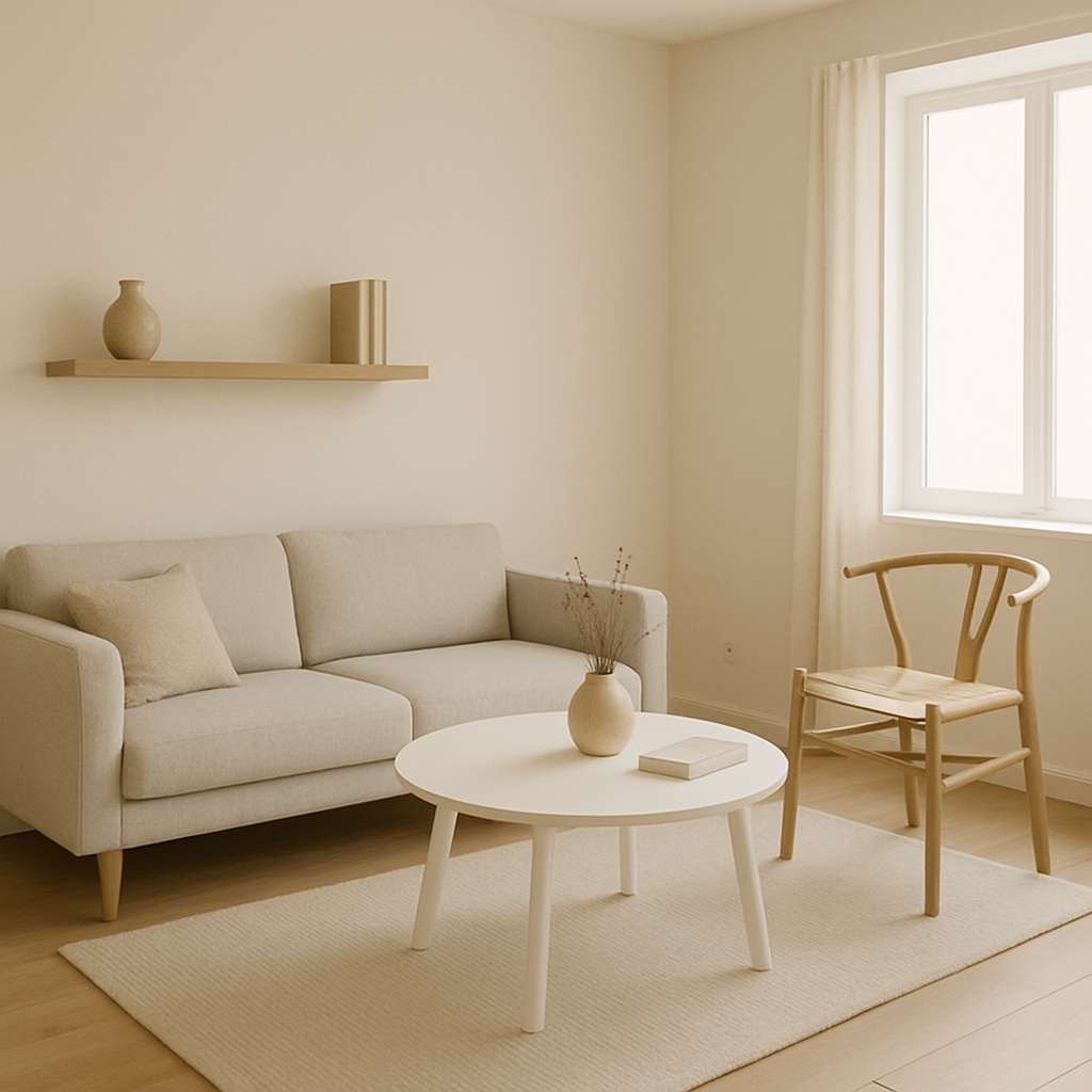 Minimalist living room with beige sofa, wooden chair, and natural light