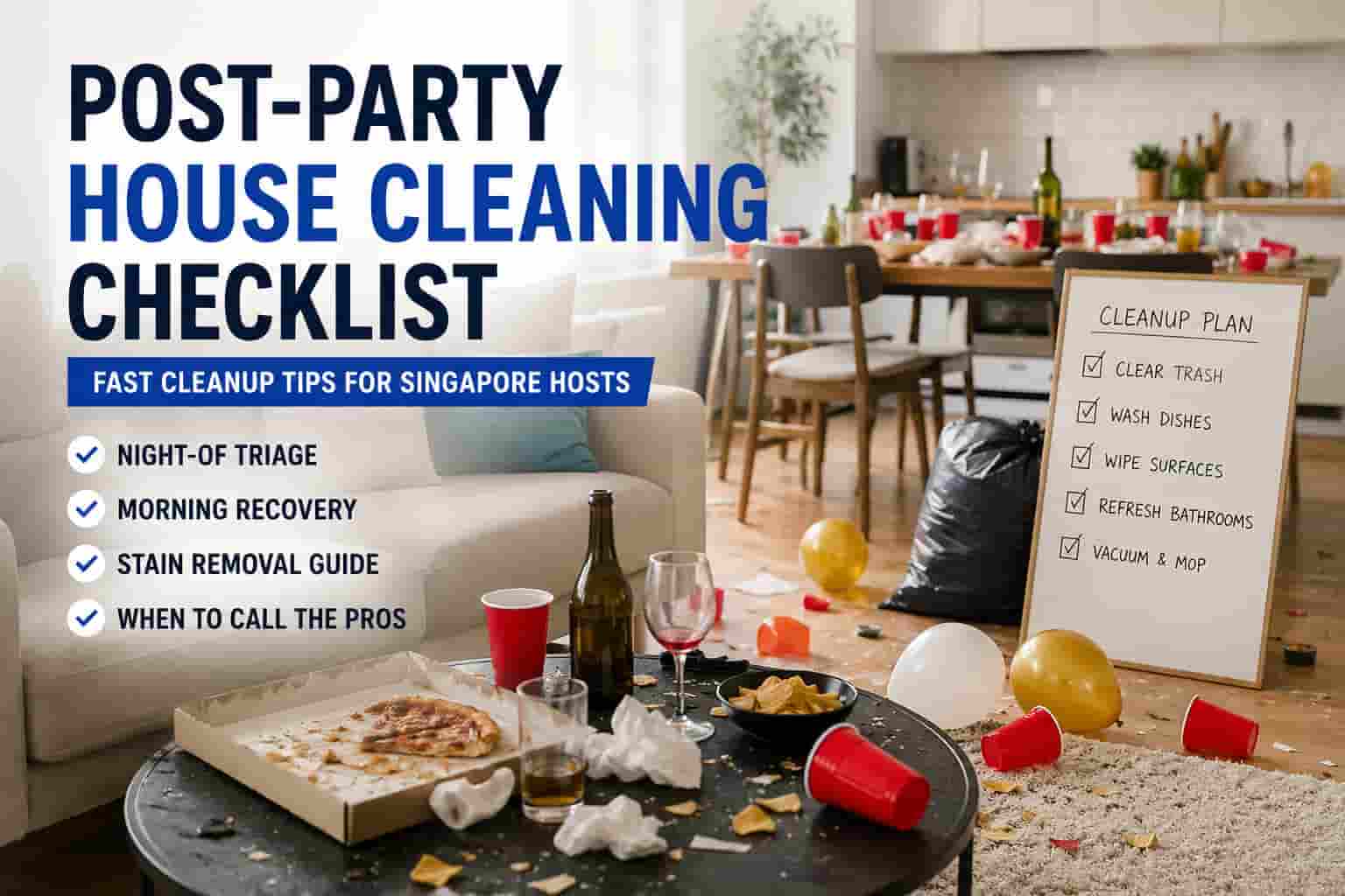 Post-party house cleaning checklist hero banner showing a messy living room after a party with drinks, trash, and a cleanup plan whiteboard.