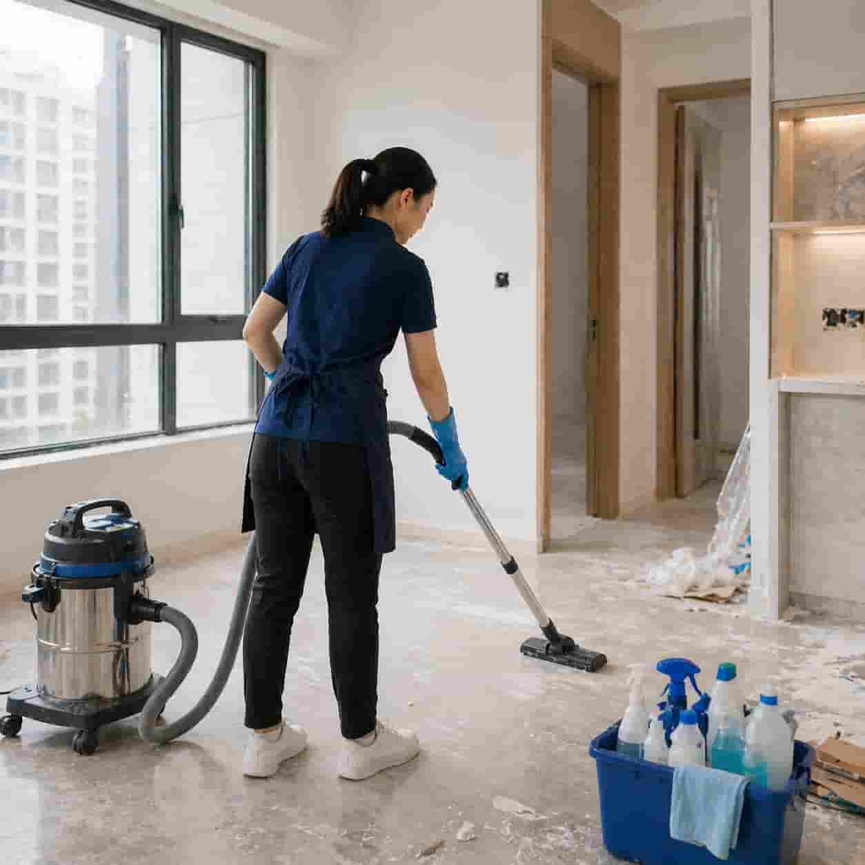 Cleaner vacuuming dust in a newly renovated apartment during post renovation cleaning
