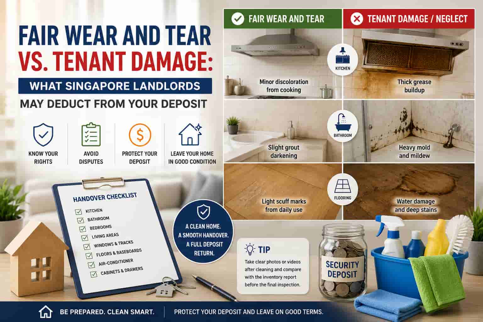 Fair wear and tear vs tenant damage in Singapore rental property, showing examples of cleaning issues that may affect a tenant's security deposit.