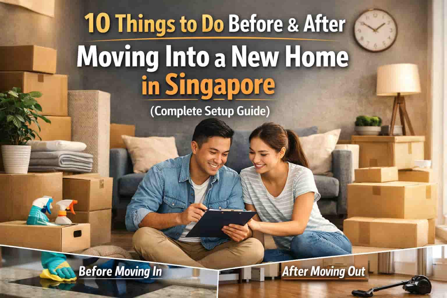 moving into new home Singapore checklist with boxes cleaning and setup preparation