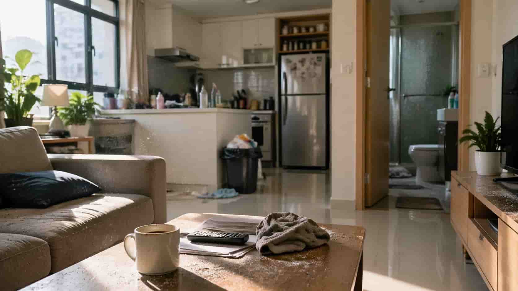 home interior showing dust buildup and clutter after a week without cleaning