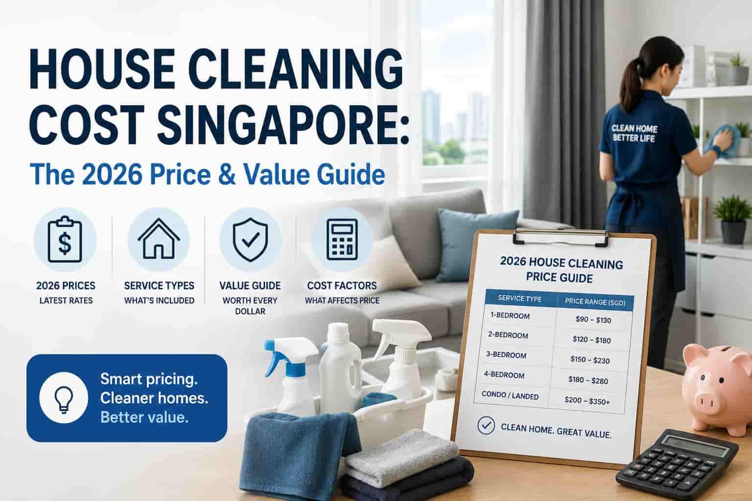 Professional house cleaner in a modern Singapore home with house cleaning price guide and cleaning supplies