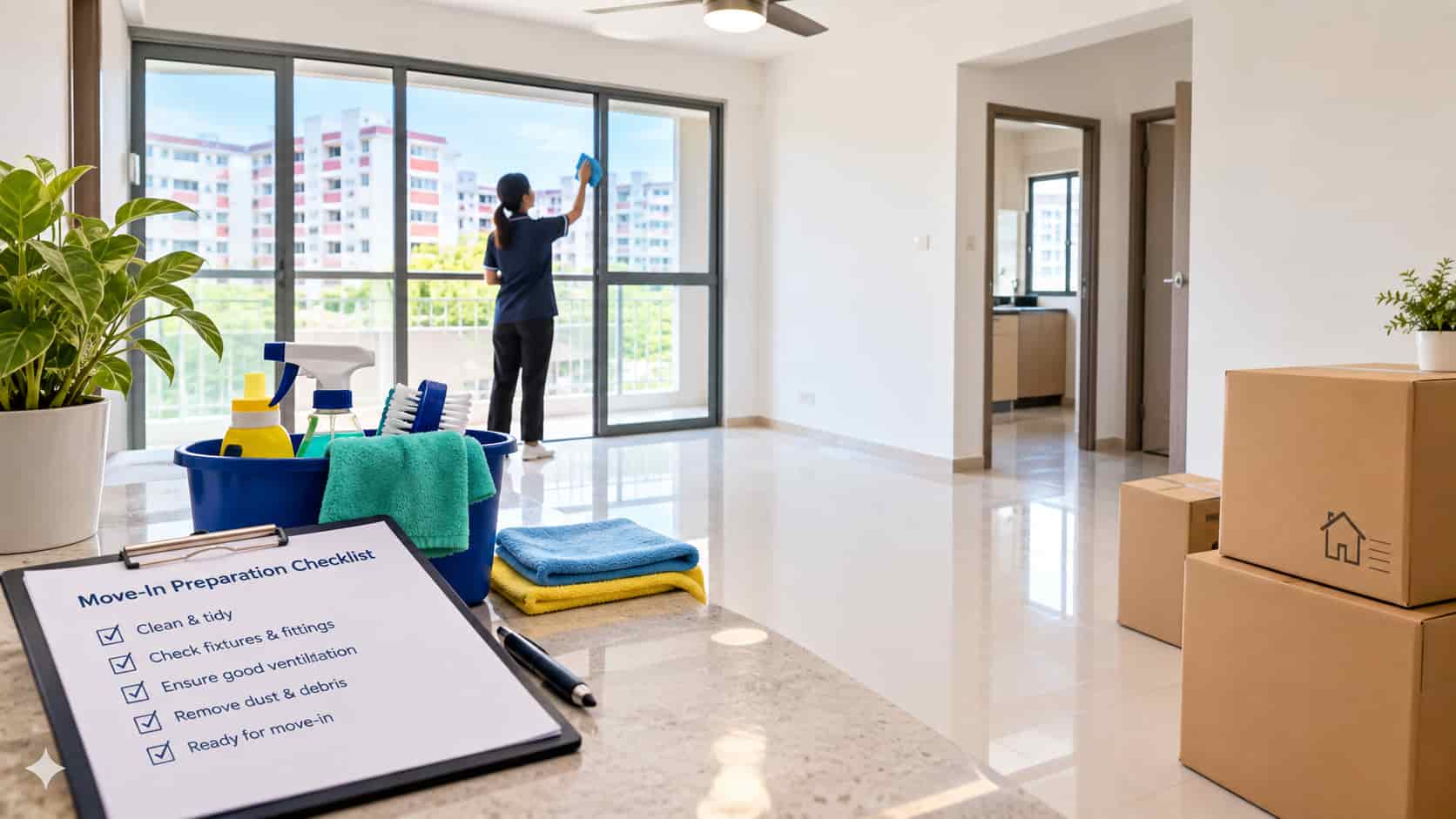 Move-in cleaning for a resale HDB flat in Singapore with a cleaner preparing a bright, spotless apartment before moving in.